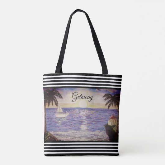 Zwarte witte strepen en oceaanstrand tote bag (Achterkant)