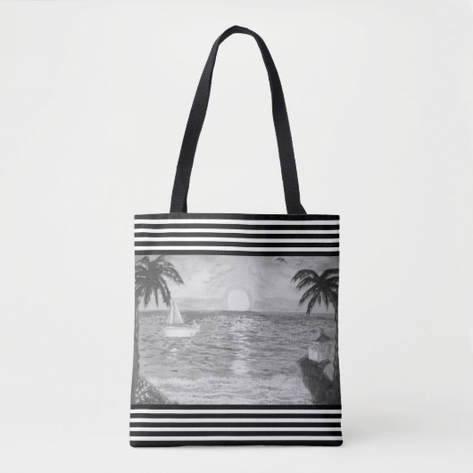 Zwarte witte strepen en oceaanstrand tote bag (Voorkant)