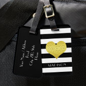 Zwarte witte strepen Faux Gold Heart Bagagelabel