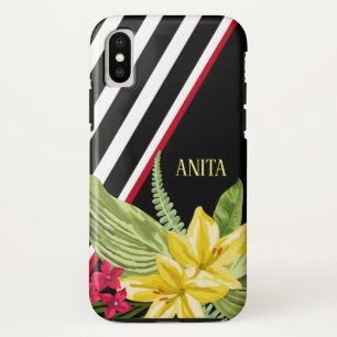 Zwarte witte strepen Gele bloemen Case-Mate iPhone Case
