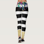 Zwarte witte strepen Glam Gold Modern Floral Chic Leggings (Achterkant)