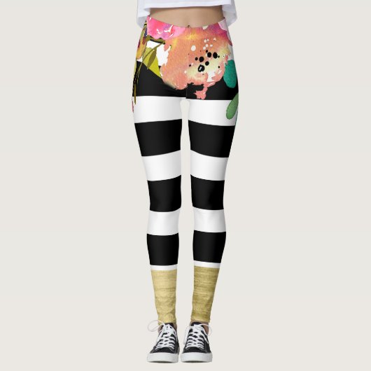Zwarte witte strepen Glam Gold Modern Floral Chic Leggings (Voorkant)