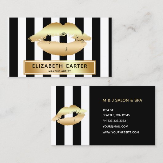 zwarte witte strepen gouden lippen make - up kunst visitekaartje (Voorkant / Achterkant)
