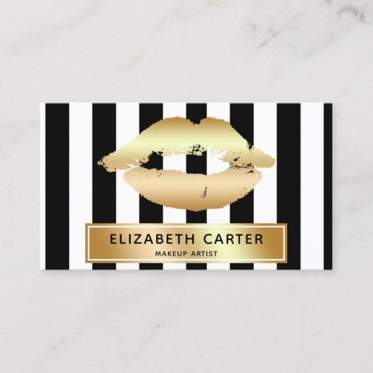 zwarte witte strepen gouden lippen make - up kunst visitekaartje (Voorkant)