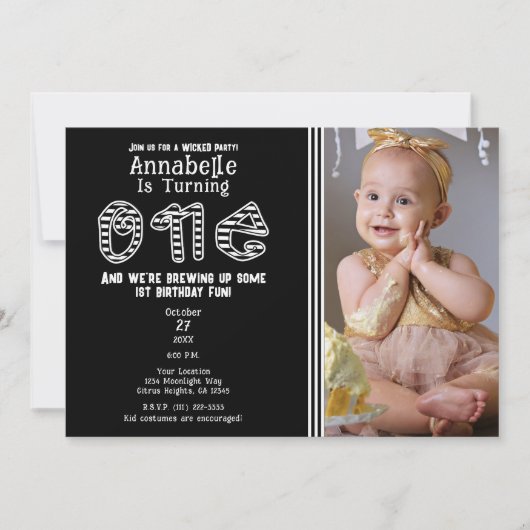 Zwarte witte strepen Halloween foto 1e verjaardag Kaart (Voorkant)