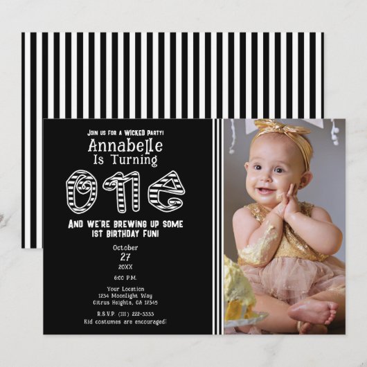 Zwarte witte strepen Halloween foto 1e verjaardag Kaart (Voorkant / Achterkant)