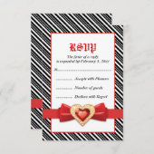 Zwarte witte strepen met rode juweel bruiloft RSVP (Voorkant / Achterkant)