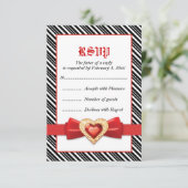 Zwarte witte strepen met rode juweel bruiloft RSVP Kaartje (Staand voorkant)