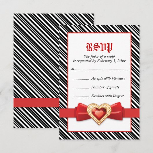 Zwarte witte strepen met rode juweel bruiloft RSVP Kaartje (Voorkant / Achterkant)