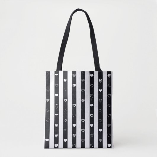 Zwarte witte strepen Modern Heart Patroon Tote Bag (Voorkant)