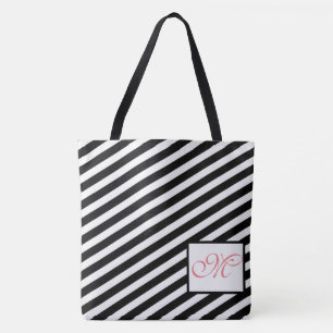 Zwarte & witte strepen Moderne monogram Canvas tas