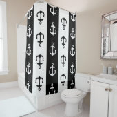 Zwarte witte strepen Nautical Anchor Shower Curtai Douchegordijn (In situ)