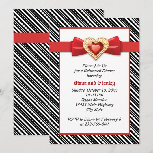 Zwarte witte strepen, rode bruiloft repetitie dine kaart (Voorkant / Achterkant)