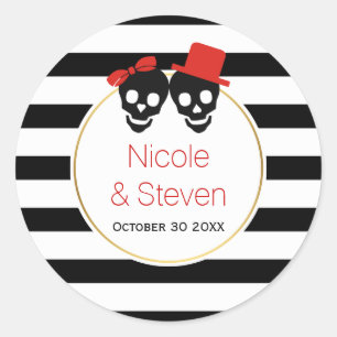 Zwarte witte strepen rode halloween bruiloft ronde sticker