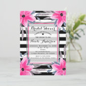 Zwarte & Witte Strepen Roze Bloemen Modern Botanis Kaart (Staand voorkant)