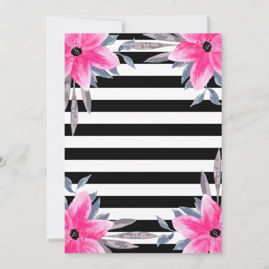 Zwarte & Witte Strepen Roze Bloemen Modern Botanis Kaart (Achterkant)