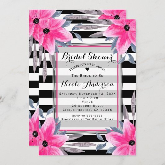 Zwarte & Witte Strepen Roze Bloemen Modern Botanis Kaart (Voorkant / Achterkant)