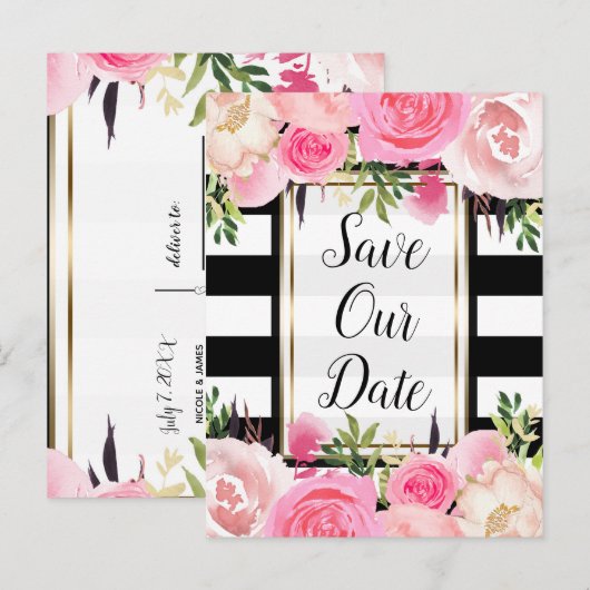 Zwarte witte strepen Roze Floral sparen de datum Aankondigingskaart (Voorkant / Achterkant)