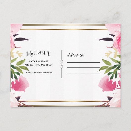 Zwarte witte strepen Roze Floral sparen de datum Aankondigingskaart (Achterkant)