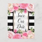 Zwarte witte strepen Roze Floral sparen de datum Aankondigingskaart (Voorkant)
