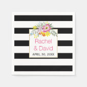 Zwarte, witte strepen roze folklore bloemen bruilo servetten (Voorkant)