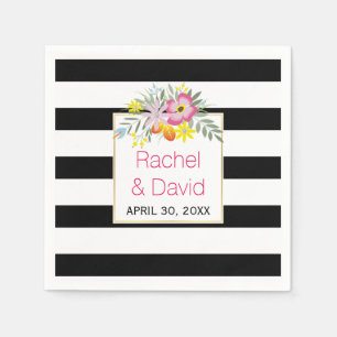 Zwarte, witte strepen roze folklore bloemen bruilo servetten