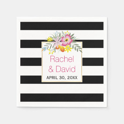 Zwarte, witte strepen roze folklore bloemen bruilo servetten (Voorkant)
