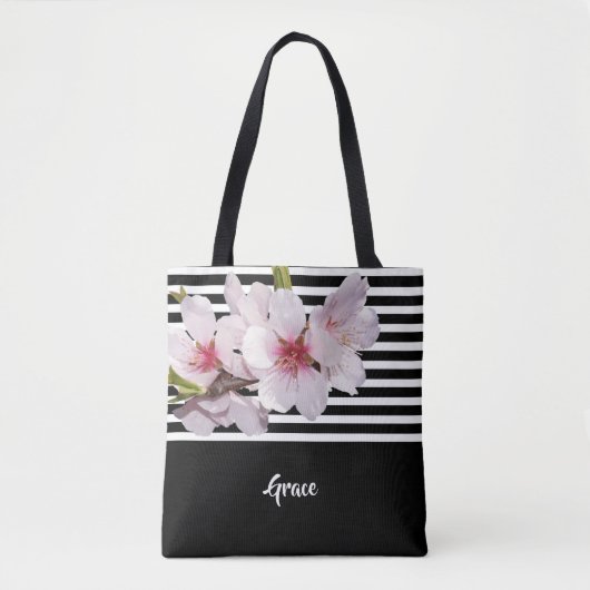 Zwarte witte strepen roze kerriekfloraalnaam tote bag (Voorkant)