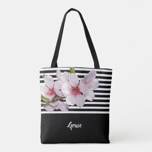 Zwarte witte strepen roze kerriekfloraalnaam tote bag (Achterkant)
