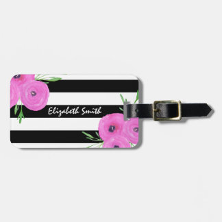 Zwarte witte strepen Roze Ranunculus Floral Bagagelabel