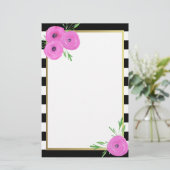 Zwarte witte strepen Roze Ranunculus Floral Briefpapier (Staand voorkant)