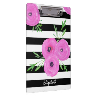 Zwarte witte strepen Roze Ranunculus Floral Klembord