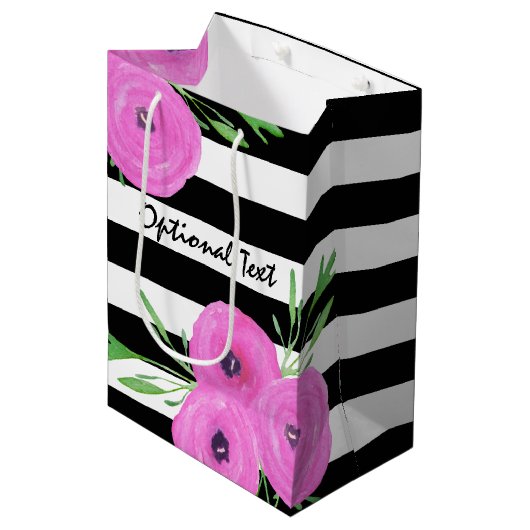 Zwarte witte strepen Roze Ranunculus Floral Medium Cadeauzakje (Voorkant Gekanteld)