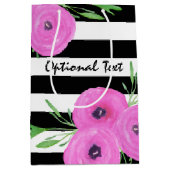 Zwarte witte strepen Roze Ranunculus Floral Medium Cadeauzakje (Voorkant)