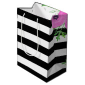 Zwarte witte strepen Roze Ranunculus Floral Medium Cadeauzakje (Achterkant Gekanteld)