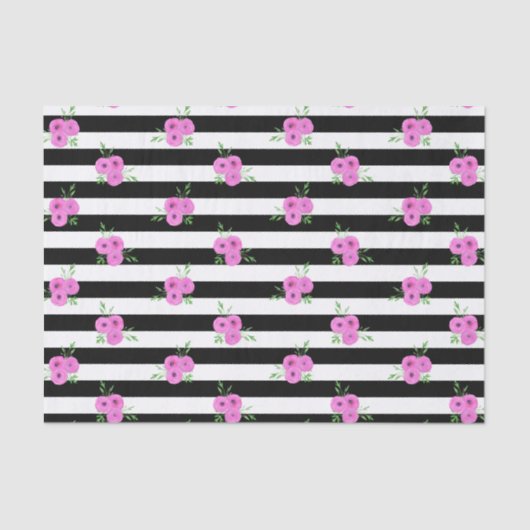 Zwarte witte strepen Roze Ranunculus Floral Patter Tissuepapier (Voorkant)