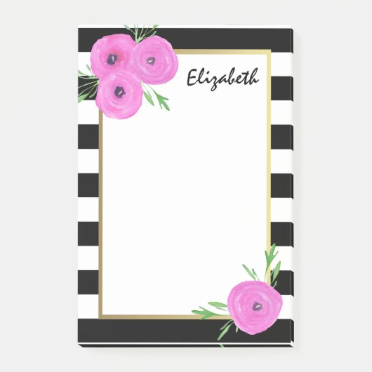 Zwarte witte strepen Roze Ranunculus Floral Post-it® Notes (Voorkant)
