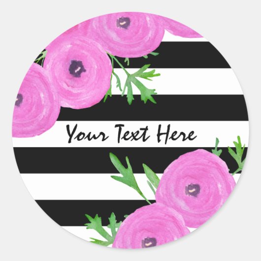 Zwarte witte strepen Roze Ranunculus Floral Ronde Sticker (Voorkant)