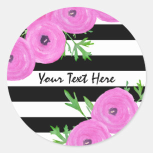 Zwarte witte strepen Roze Ranunculus Floral Ronde Sticker