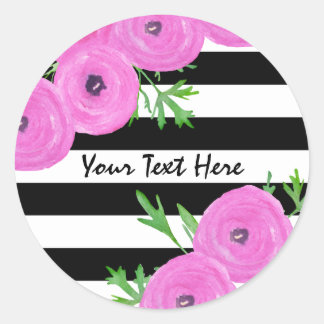 Zwarte witte strepen Roze Ranunculus Floral Ronde Sticker
