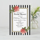 Zwarte witte strepen roze rozen  uitnodiging (Staand voorkant)