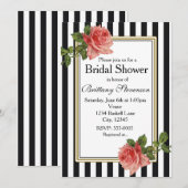 Zwarte witte strepen roze rozen  uitnodiging (Voorkant / Achterkant)