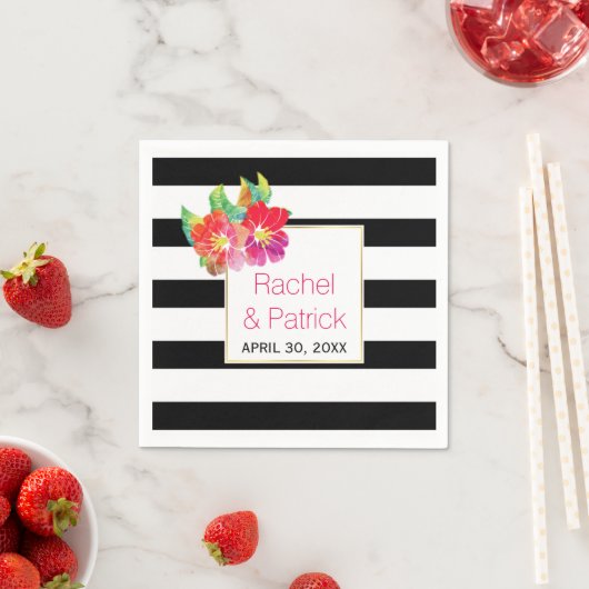 Zwarte, witte strepen, waterverf bloemen bruiloft servetten (Insitu)