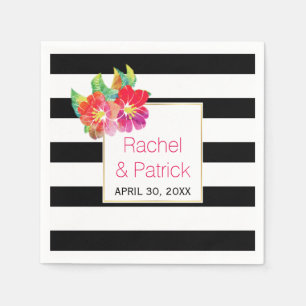 Zwarte, witte strepen, waterverf bloemen bruiloft servetten