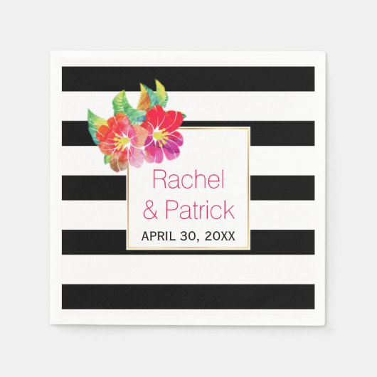Zwarte, witte strepen, waterverf bloemen bruiloft servetten (Voorkant)