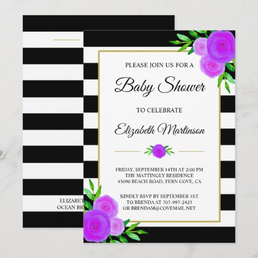 Zwarte witte strepen Waterverf Floral Baby shower Kaart (Voorkant / Achterkant)