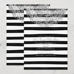 Zwarte & witte strepen & zilvercirculatie-uitnodig kaart