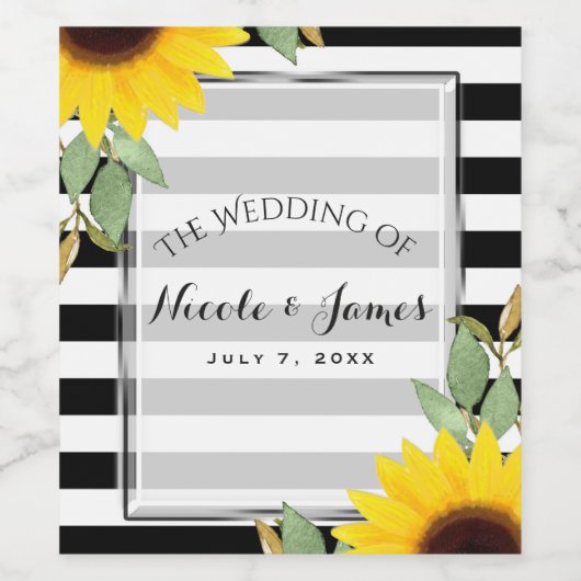 Zwarte witte strepen Zonnebloemen Bloemen Bloemen  Wijn Etiket (Enkel label)