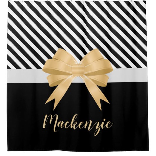 Zwarte witte strepes Goldem Bow Douchegordijn (Voorkant)