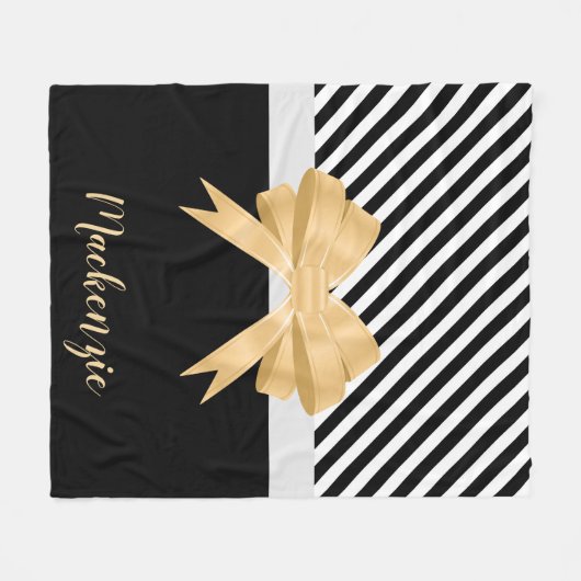 Zwarte witte strepes Goldem Bow Fleece Deken (Voorkant (Horizontaal))
